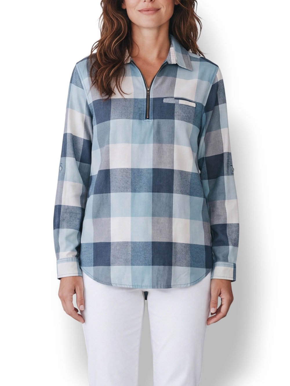 4/$20 Canyon Guide Outfitters Blue Plaid Quarter Zip Tunic Shirt Medium